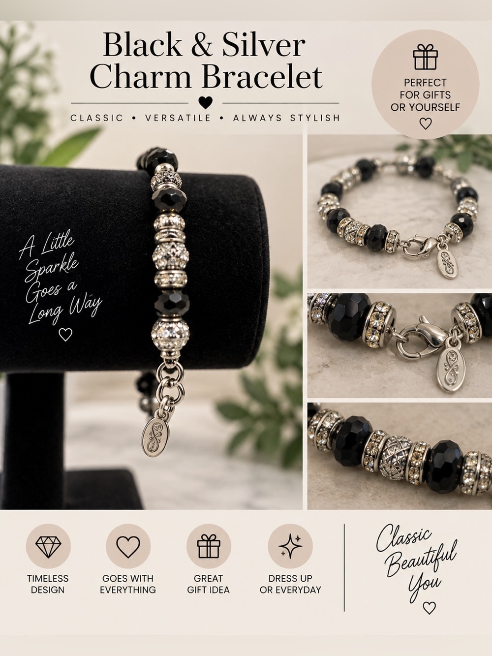 Silver Tone Charm Bracelet 8” Black Faceted Beads Rhinestone Accents